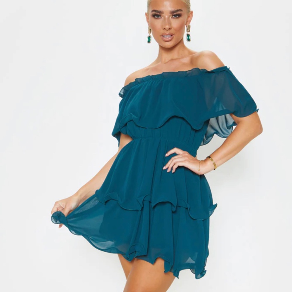 Pretty Little Thing Emerald Green Chiffon Bardot Ruffle Tiered Dress 4